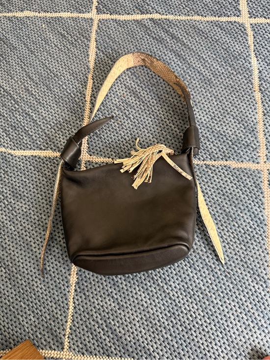 Handbags - Black Leather Shoulder Bag with Tassel Accent